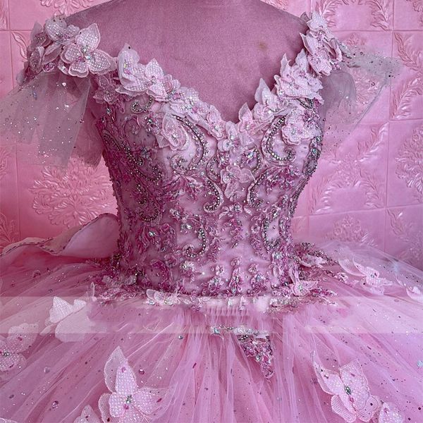 

pink quinceanera dress ball gown with bow off the shoulder flowers butterfly appliques beading corset pageant sweet 15 party, Blue;red