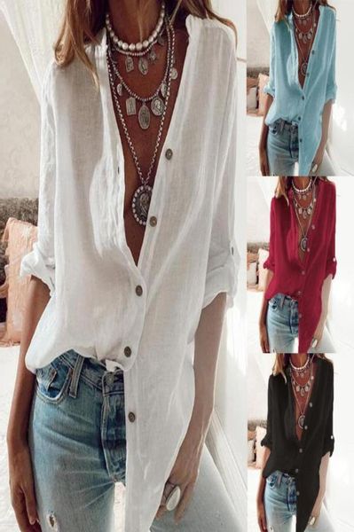 

h40 streetwear womens and blouses solid color buttons v neck long sleeves casual shirt blouse summer autumn blusas5739266, White