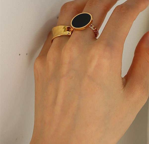 

peri039sbox link chain malachite black shell circle geometric rings for women titanium steel vintage disc ring adjustable7637008, Silver