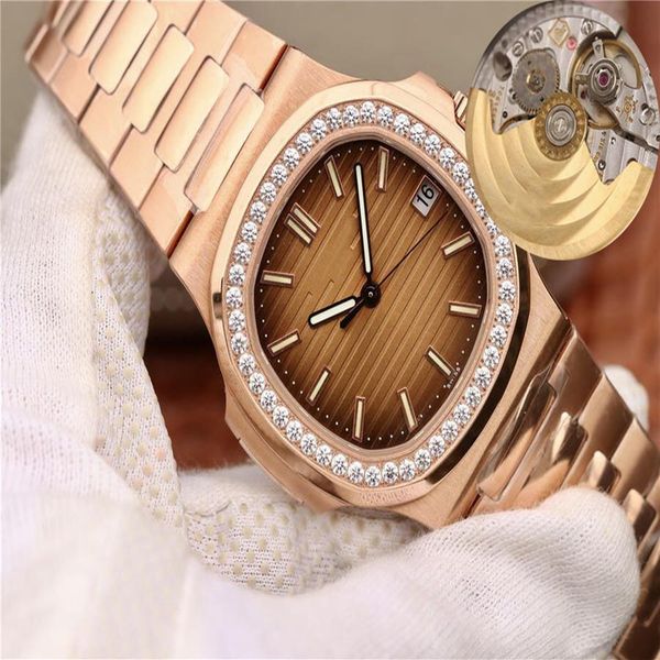 

pf new version luxury mens watches super quality nautilus 5711 eta cal 324 movement diamonds bezel rose case automatic men mechani236a, Slivery;brown