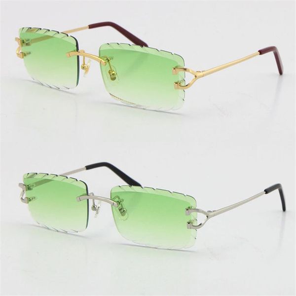 

2021 metal style rimless diamond cut carved lens square sunglasses c decoration fashion male and female 18k gold with box sun glas2185, White;black
