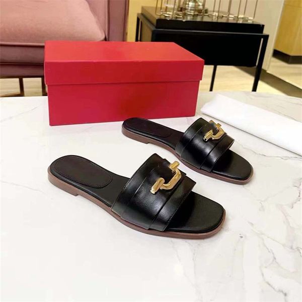 

fashion women's designer slippers summer luxury designer flat buckled sandals comfortable casual leather l soft drag seaside beach flip, Black