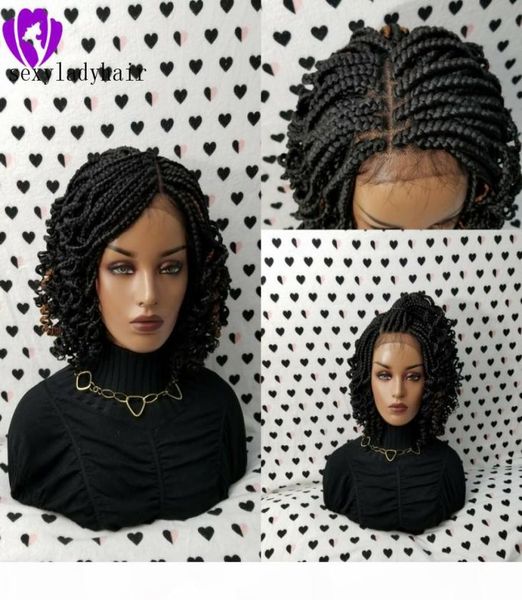 

2020 new lace frontal short braided wigs for black women synthetic lace front braids wig with curly tips baby hair6471011