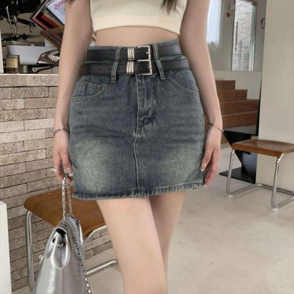 

vintage double belt denim skirt short summer womens high waist bag hip pants trend, Black