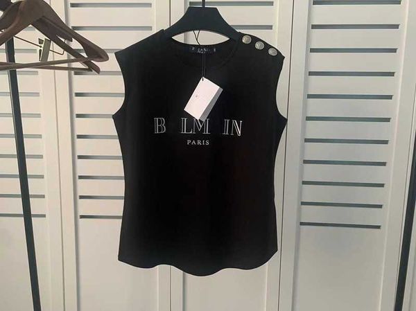 

balman fashion t shirts sleeveless shoulder shirt gold button vest arc hem t-shirt women, White