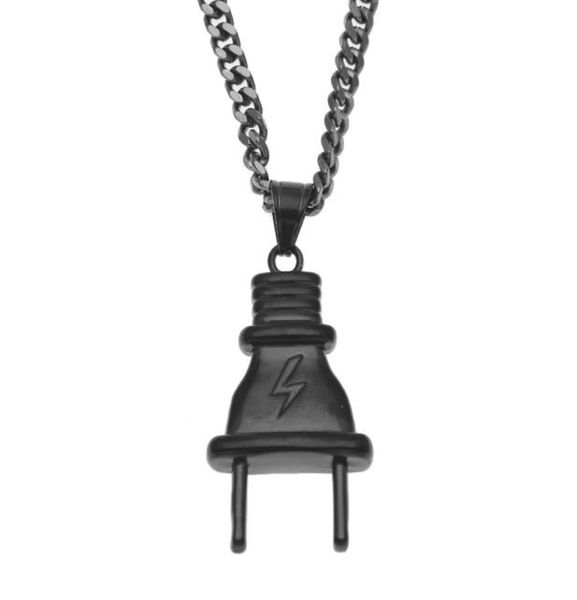 

men women gold black plug pendant stainless steel gold color bling hip hop necklace cuban chain fashion punk jewelry1236146, Silver