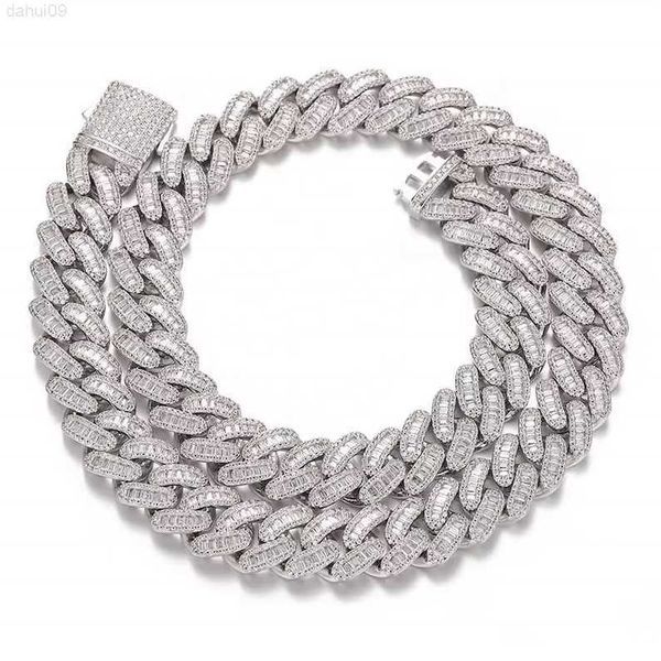 

hip hop baguette iced out moissanite cuban link chain prong setting 16mm sterling silver 925 cuban necklace