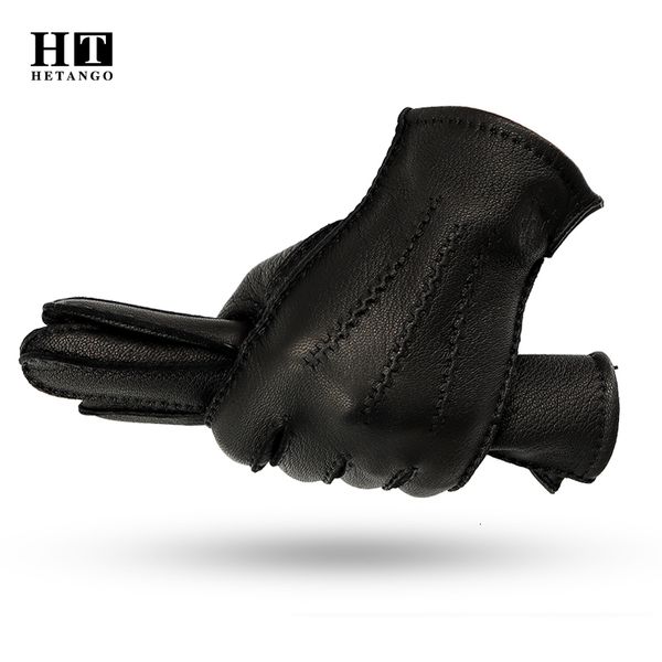 

five fingers gloves winter men' leather gloves hand-stitched deerskin warm wear-resistant black wave pattern cold proof mittens 70% wo, Blue;gray