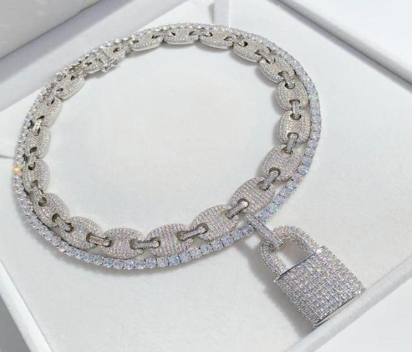

lock pendant necklace silver color 5mm tennis chain rope iced out bling cubic zircon men women hip hop jewelry chains2685131