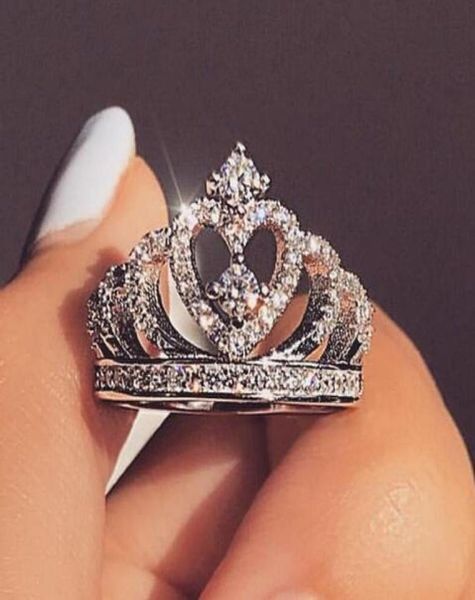 

fashion silver rings crystal heart rings women039s crown zircon ring jewelry women039s engagement party whole5364467