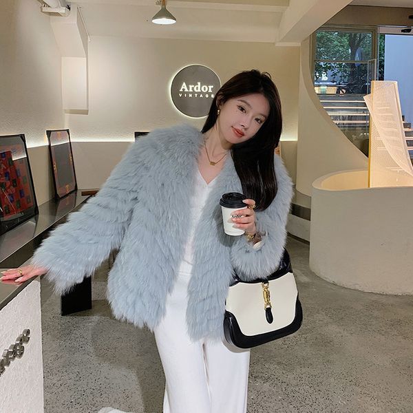 

womens fur faux natural coat winter strip jackets young lady korean fashion simple 230822, Black