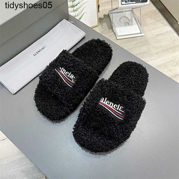 

2023 new balenciga woolen slippers women's one word cola embroidered letters flat bottom sandals leisure paris woolen shoes, Black