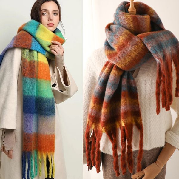 

scarves women plaid scarf winter pashmina shawls cashmere thick wraps lady tassel warm rainbow hairy bufanda 230823, Blue;gray