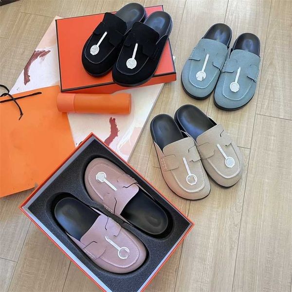 

vintage classic h sandal womens designer flat mules paris chypre clogs leather mule half slides square toe silver buckle clog fflip flops sn, Black