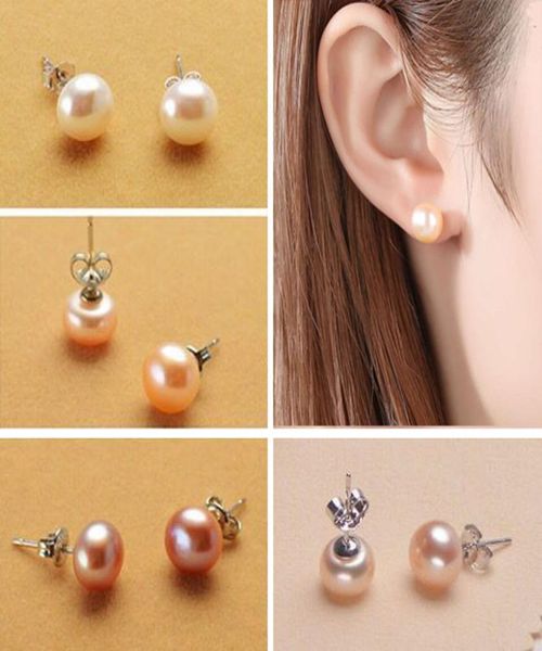 

100 925 sterling silver 67mm round pearls earrings 3colors white pink purple freshwater pearl jewelry wholesa8223580, Golden;silver