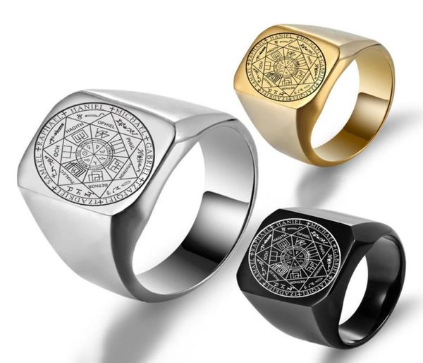 

the seals of seven archangels rings protection amulet seal solomon kabbalah mens womens stainless steel polished band gifts 2208034400037, Slivery;golden
