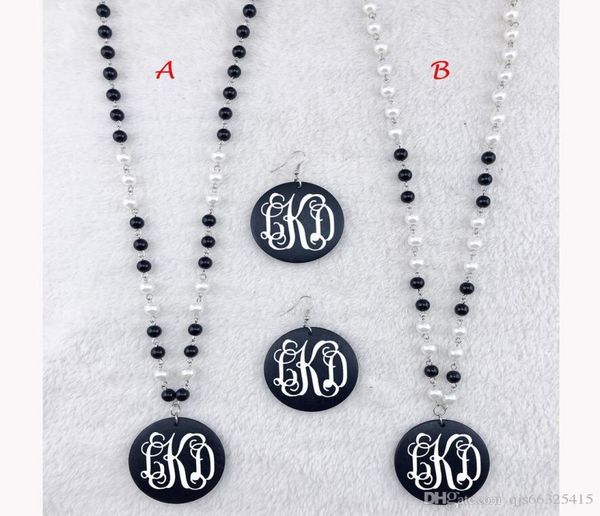 

monogram acrylic round pendant black and white pearl necklacepersonalized monogram customized vinyl pearl linked black wooden disc3951470, Silver