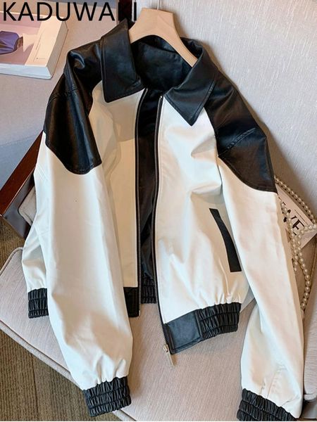 

womens jackets black white color contrast leather coat women spring fashion vintage casual jacket korean style y2k streetwear 230822, Black;brown