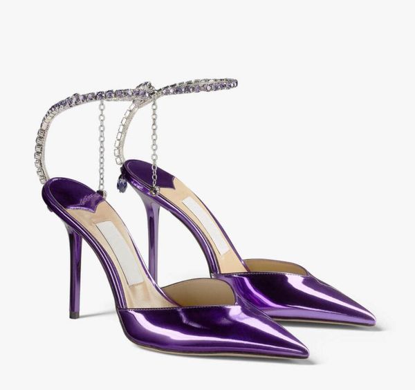 

luxury sandal pumps saeda 100mm heeled patent or satin sandals crystal jewel strap bride pump wedding party dress shoe pointy, Black