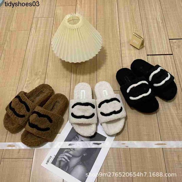 

channel slippers 2023 new lamb wool thick bottom slippers women's straight plush flat bottom casual women's shoes, Black