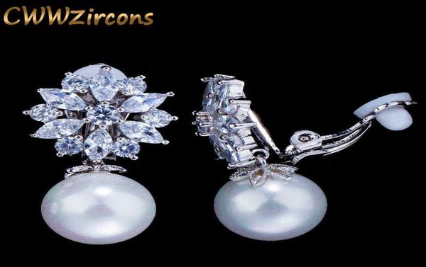 

designer cz crystal flower pearl no hole earrings for women fashion jewelry ear clip on non pierced earring cz408 2107145561043, Silver