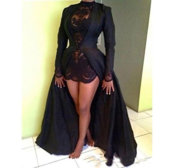 

african long sleeves lace sheath prom dresses high neck see through evening party gown vestido 20191679271, Black