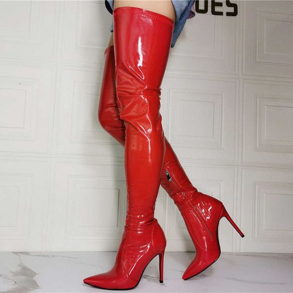 

lacquer leather knee length boots, women's thin heels, spring and autumn 2022, pointed toe, super high heels, elastic boots, oversized, Black