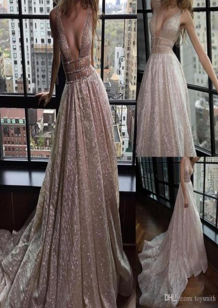 

glitter sequins long prom dresses deep v neck open back elegant evening dress sweep train chic formal party gowns robe de soiree1539392, Black