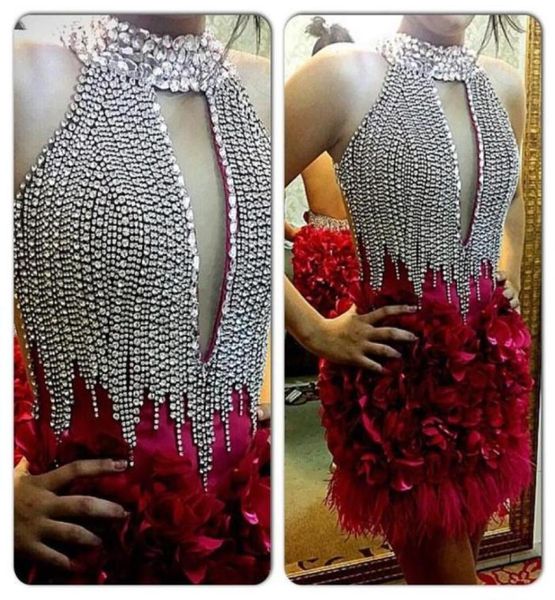

short red feather cocktail dresses keyhole neck crystal sheath evening gowns sleeveless beaded mini party dress39301978916516, Black