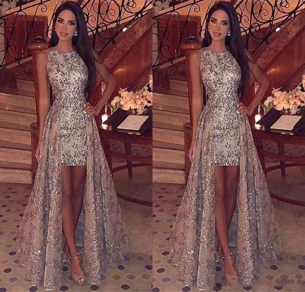 

sparkly sequins sheath short prom dresses 2019 jewel neck sleeveless formal party evening gowns with detachable overskirts8345361, Black