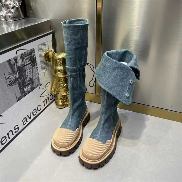 

jaroya fashion knee length boots 2023 women's new thick sole denim knight boots blast street ins network red high sleeve boots 230811, Black