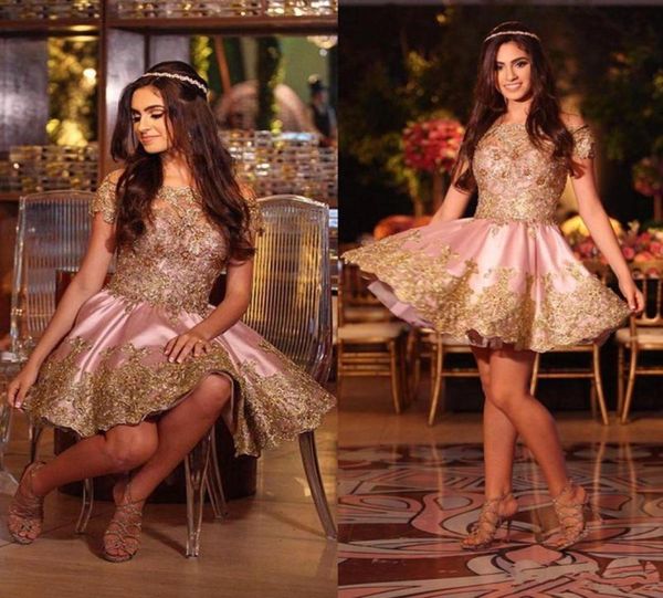 

cute pink mini short homecoming dresses gold applique lace off shoulder cocktail party gowns simple arabic prom dress9091362, Blue;pink