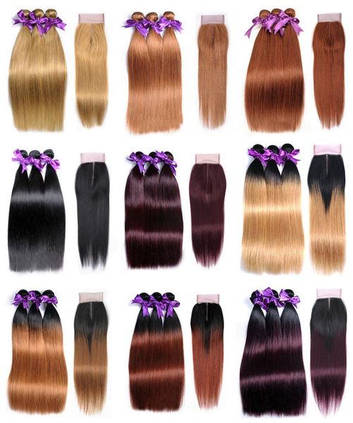 

whole colored hair 3 bundles with 4x4 lace closure hair vendors brazilian straight human hair weaves natural black pure ombre 7063433, Black;brown
