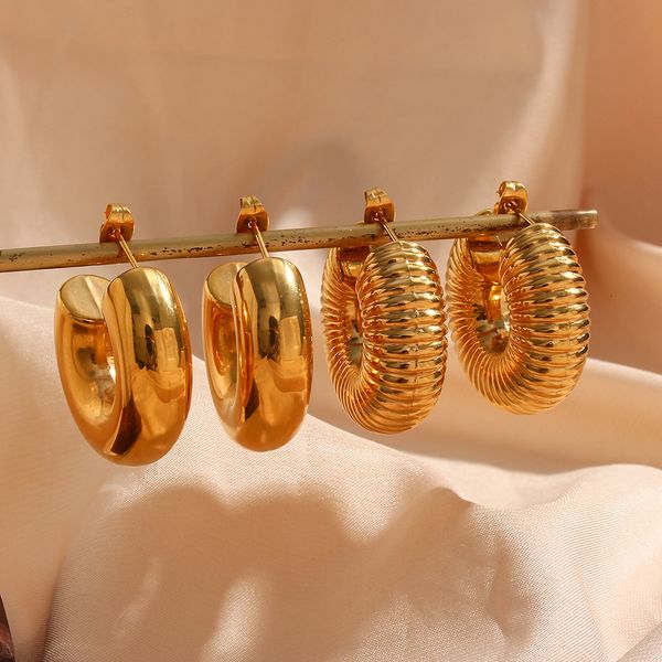 

stud 316l stainless steel pvd hollow design chunky bold gold plated hoop earrings thread texture statement for women 230822, Golden;silver