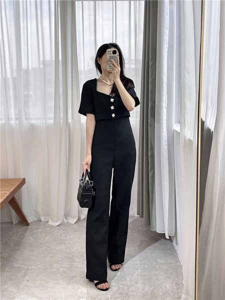 

sandro square necked jumpsuit two-piece straight-leg jumpsuit for women, Black;white