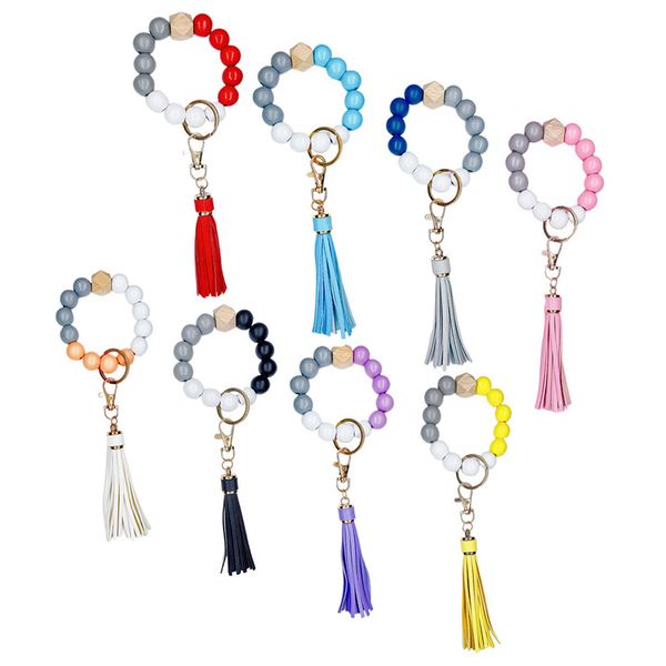 

tassel wrist beaded bracelet keychain wooden bead keychain girls bag decoration key ring birthday gift, Silver