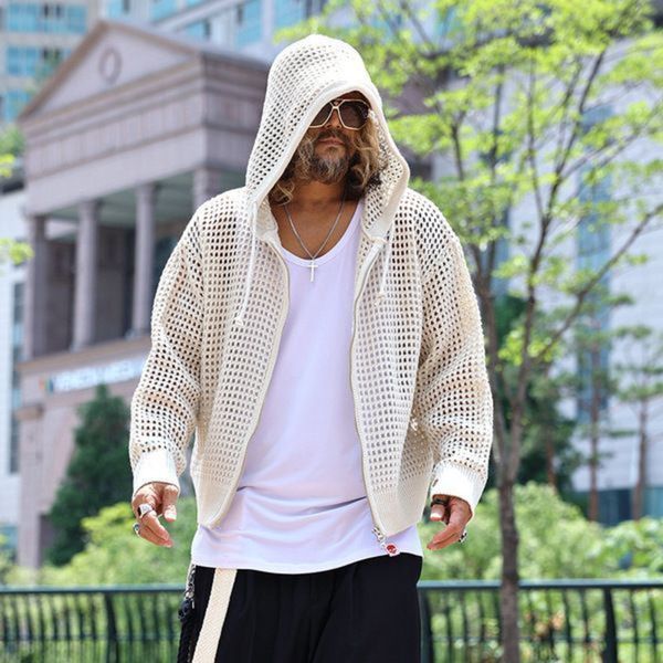 

men's sweaters korean summer knit hollow out shirt vintage hooded coat y2k casual hip hop streetwear harajuku sun protection sweater co, White;black