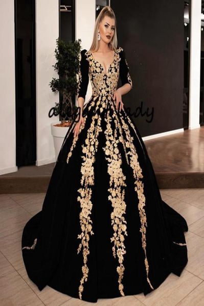 

black velvet ball gown prom dresses with gold shiny lace applique 2020 plus size long sleeve kaftan caftan arabic evening gowns we1455814, Black;red