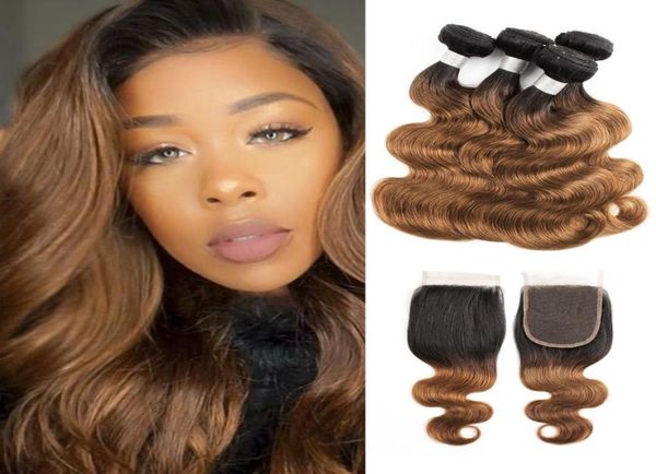 

ombre brown hair bundles with closure color 1b 30 brazilian body wave hair 4 bundles with 4x4 lace closure remy human hair extensi3037523, Black;brown