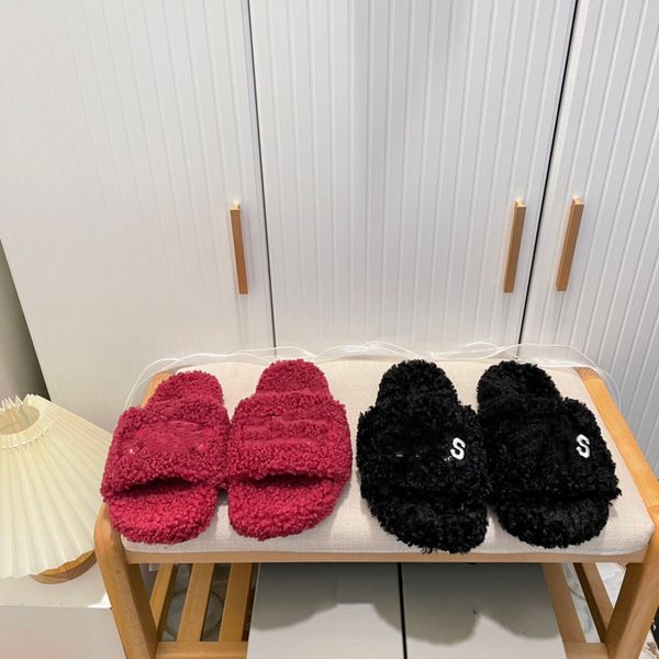

23 luxury slide designer fashion women wool sandals warm comfort slippers woman slipper shoes autumn winter slides scuffs sandal size, Black