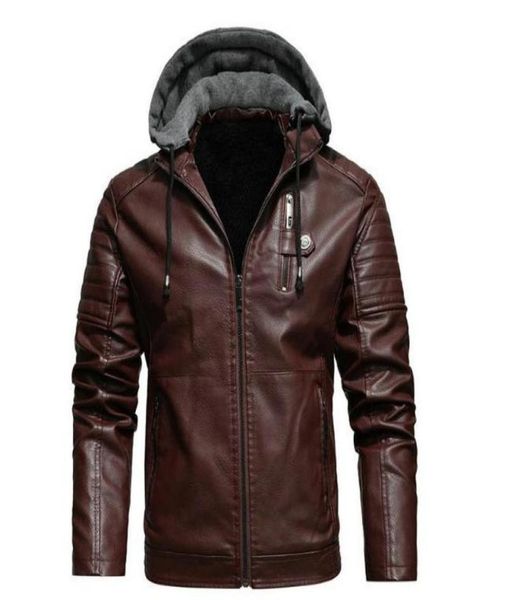 

hooded men039s leather jacket autumn winter fleece motorcycle pu bomber men casual warm faux leather coat mens streetwear6349101, Black;brown