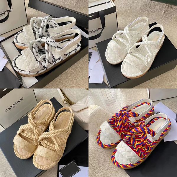 

designer women sandals rubber platform shoes buckle slippers hemp rope slides straw flat sandal leather slipper slip on mules summer beach s, Black