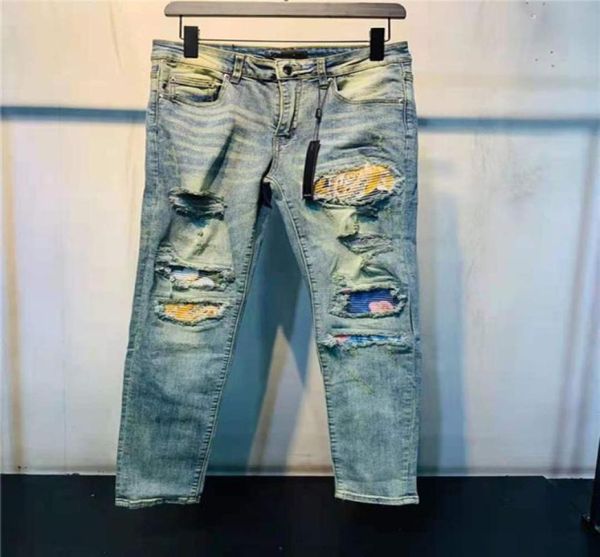 

designer luxurys mens jeans casual embroidery vintage patchwork pants classic applique fashion holes motorcycle biker slimleg was8757870, Blue