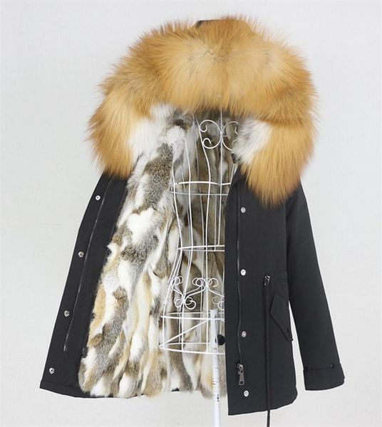 

winter jacket women real fur coat parka natural raccoon fur collar thick warm rabbit fur liner streetwear brand casual lj2012031706032, Black