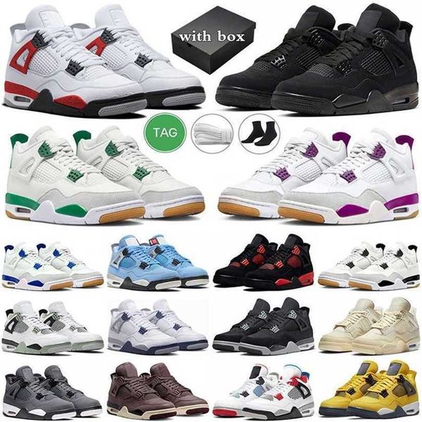 

box with 4 basketball shoes men women jumpman 4s pine green black cat purple sapphire red cement white cement cactus jack white oreo mens tr