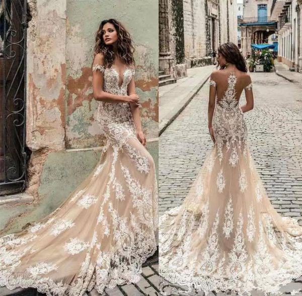 

2019 new champagne julie vino wedding dresses off shoulder deep plunging neckline bridal gowns sweep train lace wedding dress cust8819212, White