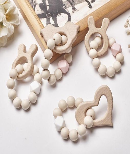 

ins baby cartoon silicone teether wood beads bracelets soothers for infant kids toys boys rattles girls gift q30648880023