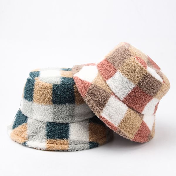 

wide brim hats bucket cntang women autumn winter hat plaid warm plush fashion panama for ladies vintage teddy velvet fisherman caps 230822, Blue;gray