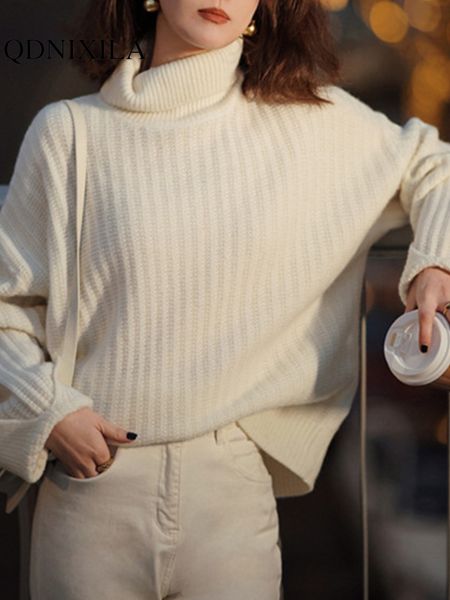 

womens sweaters sweater in pullover autumn winter korean style loose casual turtle neck long sleeve knitwears clothes for women 230822, White;black