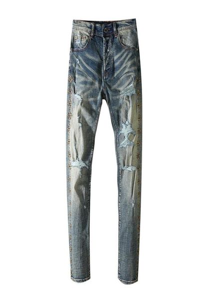 

mens jeans decorated with diamonds cut holes washed to make old pants which are slim in europe and america6967482, Blue